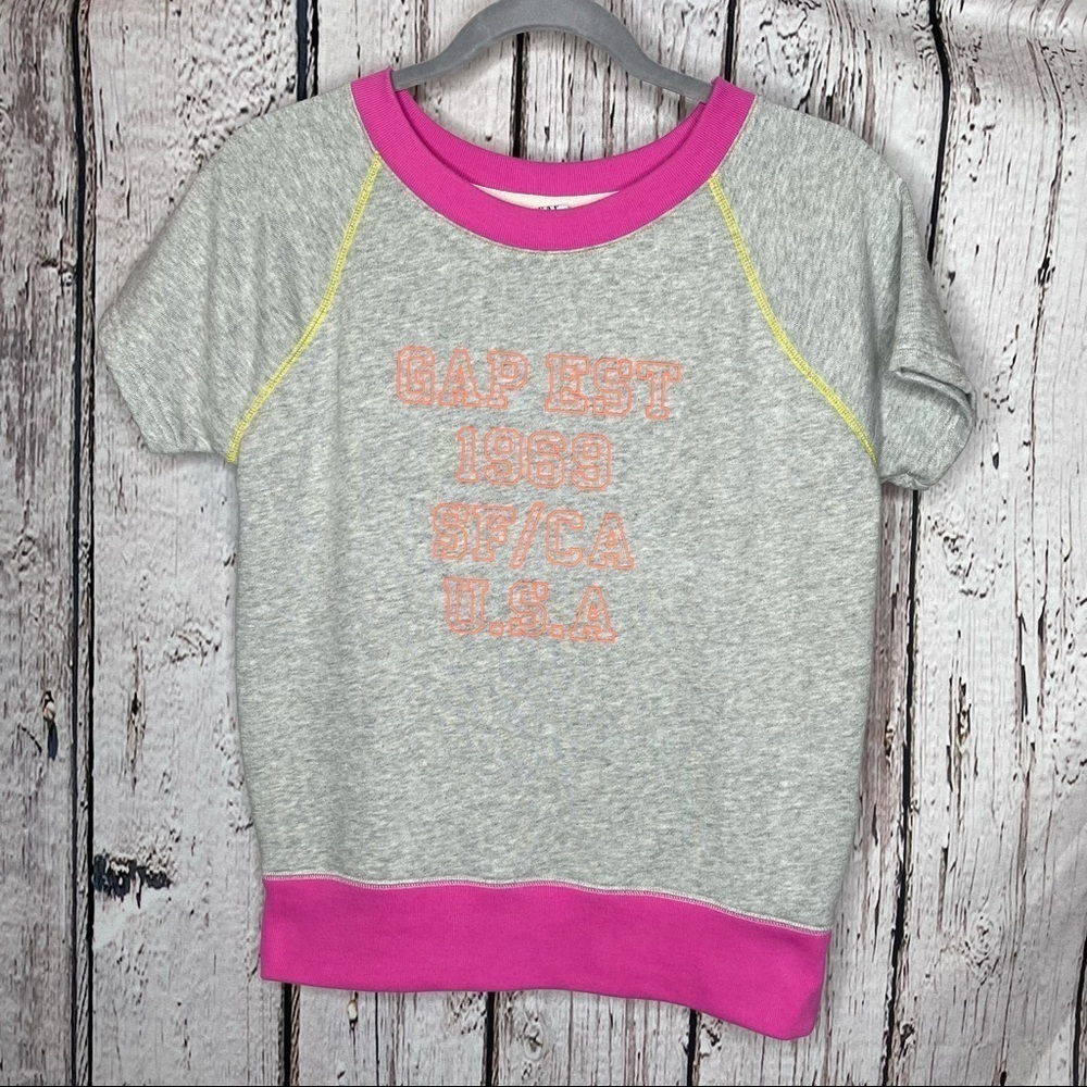 GAP Vintage-Look Pullover Short Sleeve Sweatshirt XS Raglan Sleeve‎ Gray Pink